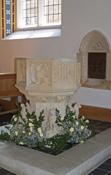 Baptismal font and Olea Sacra aumbry (Image: Brian Andrews)