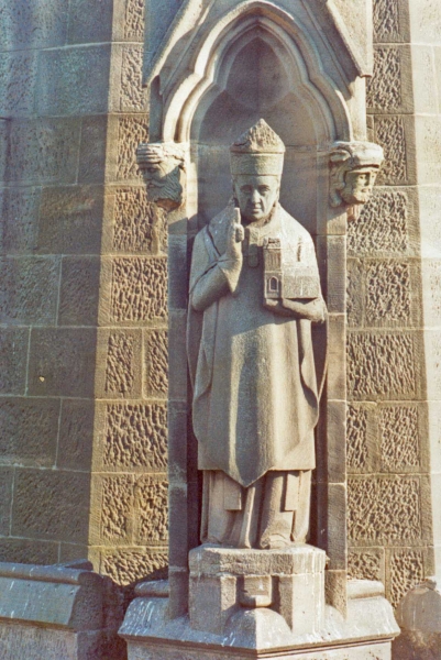 Archbishop Polding holding a model of the church (Image: Chris McGuirk)