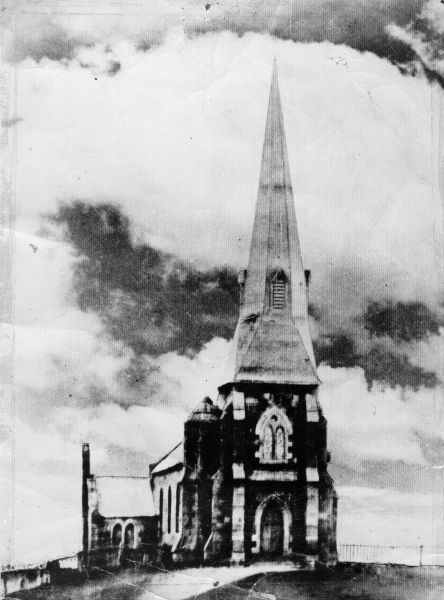 North west elevation, 1859-1880, with first spire (Image: Richmond Parish)