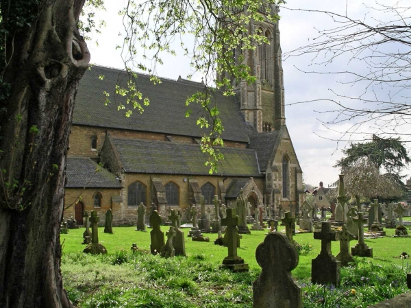 Edward Pugin's enlarged church from the north east with Bernard Whelan's north west baptistery and his spire (Image: Nicholas Callinan)